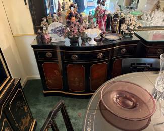 2 Drexel Chinioserie Et Cetera VIntage line Serpintine Glass Top Chests with internal Drawers