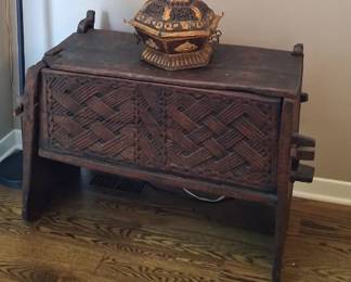 antique carved wooden storage chest, likely a traditional Afghan kofa, featuring an intricate basketweave pattern carved into the front panel