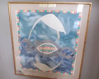 framed, matted print featuring stylized animal and geometric motifs by Lindsey
