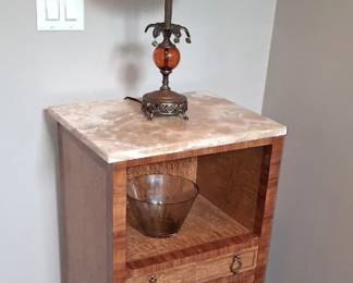  antique marble-top nightstand, possibly of French or European origin with marquetry or burl wood inlays
