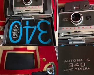 vintage Polaroid Automatic 340 Land Camera kit, w/matching carrying case, a flash attachment, flashbulbs, and an instruction manual