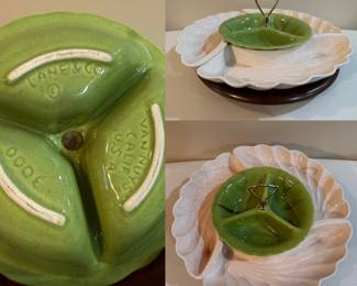 Lane & Co Green Cream Ceramic Leaf Chip and Dip Lazy Susan Candy Dish 1960