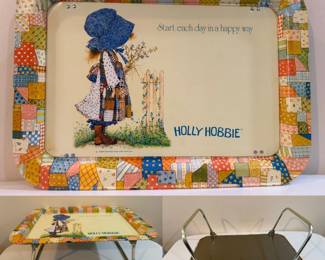 vintage Holly Hobbie Folding Metal Lap Tray classic patchwork border and the phrase "Start each day in a happy way”