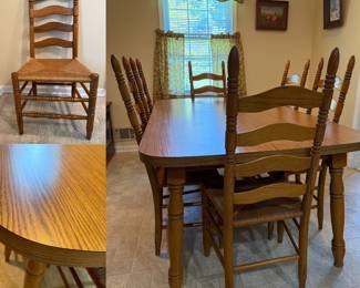 classic oak Straight leg table warm-toned Formica table top with set 6 traditional ladderback chairs woven rush seats