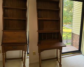 Petite vintage colonial style revival wood secretary desk drop-front writing desk scalloped open hutch top