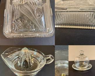 vintage Federal Glass clear ribbed refrigerator dish with an embossed vegetable-patterned lid 1940’s-50’s, Vintage clear glass citrus juicer, vintage Glass Butter Pat
