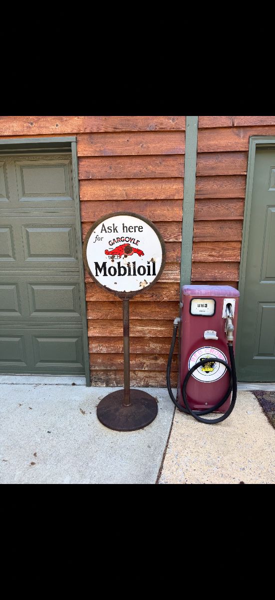 1920's Porcelain Mobiloil Lollipop Sign w/ Original Base