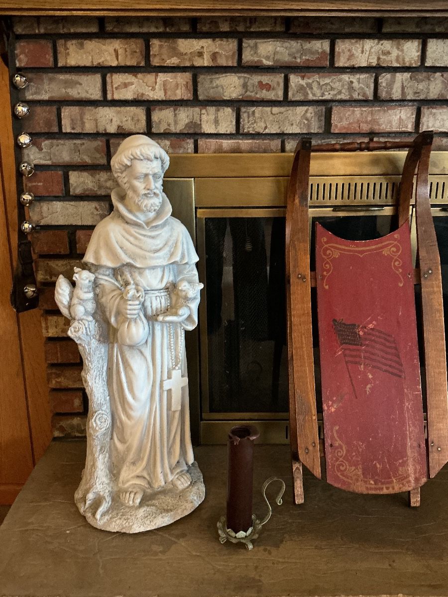 Antique Sled - St. Francis Statue Ceramic