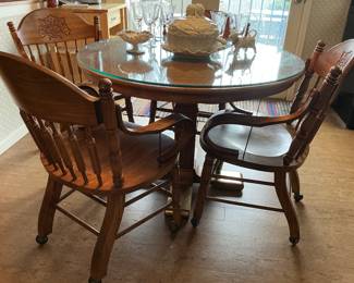 Kitchen Oak Table and Pressed Back "Wheely Chairs "