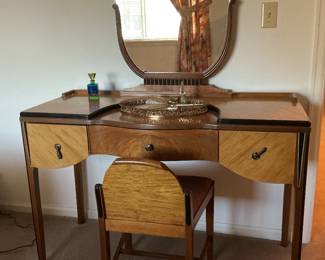 Vintage Art Deco Vanity / Bench - Perfume Bottle - Dresser Mirror