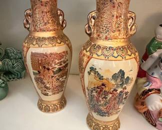 Vintage Japanese Satsuma Style Moriage Vases with Geisha Scenes