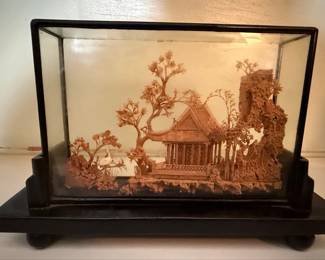 Vintage Chinese Cork Carving Diorama with Pagoda and Crane