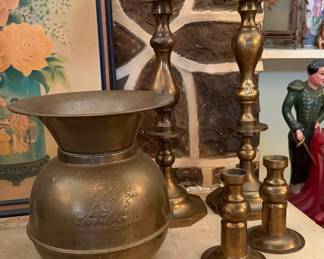 Vintage Brass Spittoon with Embossed Tobacco Graphic and Graduated Candlesticks