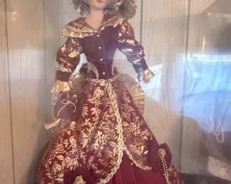 Vintage Porcelain Doll in Burgundy and Gold Victorian-Inspired Gown