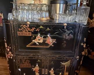 Vintage Chinoiserie Black Lacquer Bar Cabinet with Figural Scenes