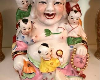 Vintage Famille Rose Porcelain Laughing Buddha with Five Children