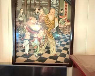 Vintage Chinese Reverse Glass Painting of an Elder and Children