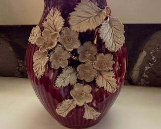 Vintage Applied Floral Majolica Ceramic Vase