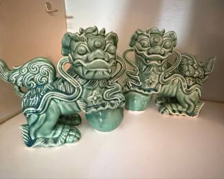Vintage Celadon Glazed Foo Dog Statues