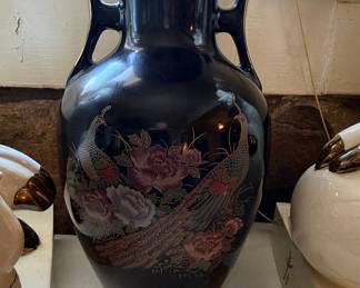 Vintage Japanese Black Porcelain Vase with Peacock and Floral Motif