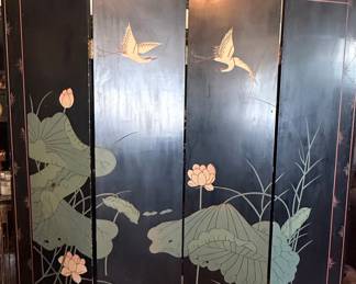 Vintage Four-Panel Chinoiserie Folding Screen with Pheasants and Cranes
