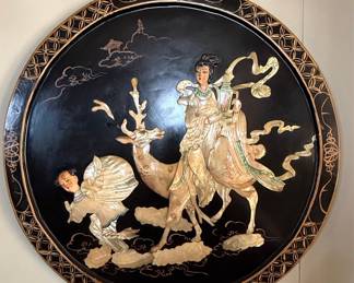 Vintage Chinese Black Lacquer Mother of Pearl Wall Plaque