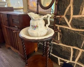 Vintage Washstand with Floral Motif Wash Basin and Pitcher Set