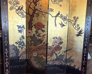 Vintage Four-Panel Chinoiserie Folding Screen with Pheasants and Cranes