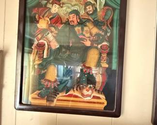 Vintage Chinese Reverse Glass Painting of Guan Yu with Attendants