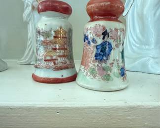 Vintage Japanese Geisha and Pagoda Porcelain Salt and Pepper Shakers
