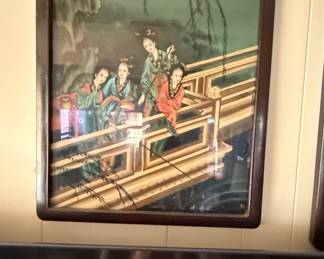 Vintage Chinese Reverse Painted Glass Painting of Women on a Bridge