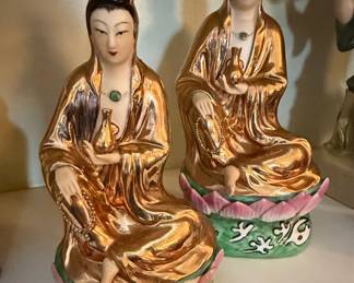 Vintage Porcelain Guanyin Figurines with Gold-Toned Robes