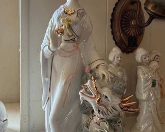 Vintage Porcelain Lady with Dragon Figurine