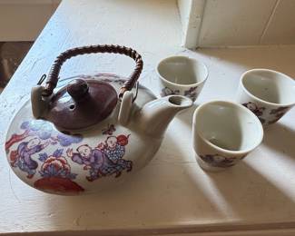 Vintage Japanese Ceramic Tea Set with Children Playing Motif
