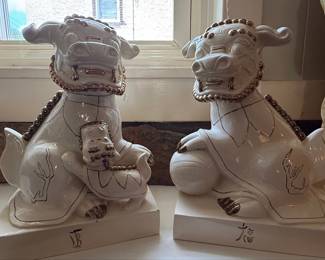 Vintage White Ceramic Foo Dog Statues with Gold Accents