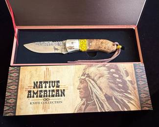 Native American Wolf Silhouette Folding Knife with Antler and Wood Handle