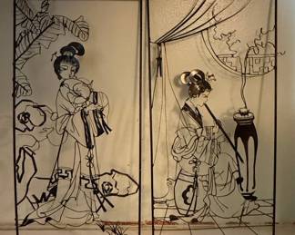 Vintage Wire Wall Art Panels - Japanese Geisha Scenes