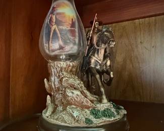Vintage Western Cowboy on Horseback Figural Table Lamp with Painted Glass Shade