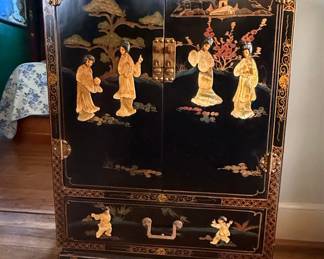Vintage Black Lacquer Chinoiserie Cabinet with Applied Figures