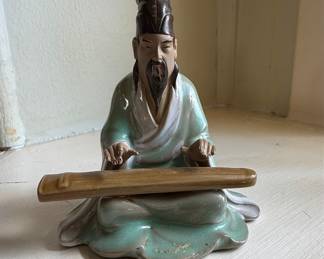 Vintage Chinese Shiwan Mudman Figurine Playing Guqin