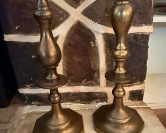 Vintage Brass Candlesticks with Hexagonal Base