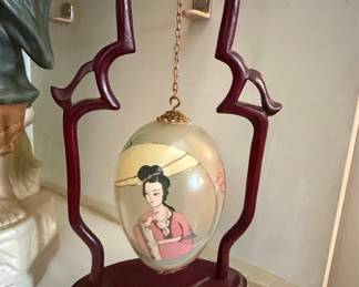 Vintage Chinese Reverse Painted Glass Egg Ornament on Carved Wooden Stand