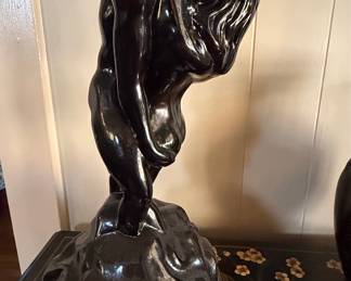 Vintage Black Glazed Ceramic Sculpture of The Lovers