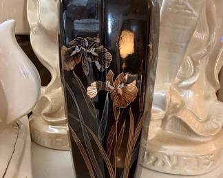 Vintage Japanese Black Porcelain Iris Vase with Maker's Mark