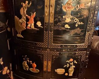 Vintage Chinese Black Lacquer Corner Cabinet with Soapstone Inlay