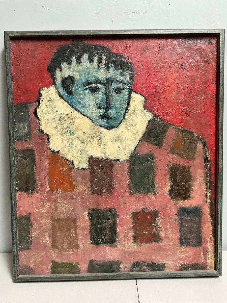 Lot 4067: Spitzer Signed Modernist Clown Portrait Oil Painting
