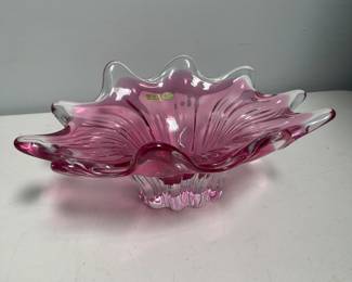 Lot 10119: Mid-Century Cranberry Cased Art Glass Footed Bowl, Labeled