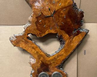 Lot 10205: Vintage Redwood Burl Wall Clock and Weather Station