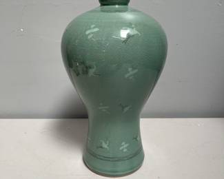 Lot 10098: Signed Korean Celadon Maebyeong Vase, Crane & Cloud