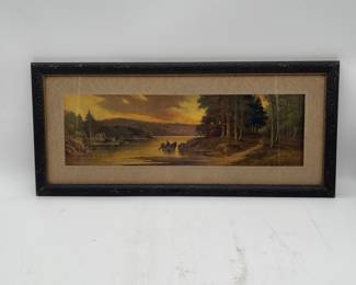 Lot 2701: Antique Panoramic Sunset Lake Canoe Print, Framed